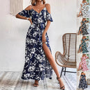 Vestido longo com alças finas e ombro de fora, estampa floral de verão, com cinto, roupa de praia