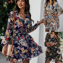 Vestido feminino estampado de chiffon de manga comprida