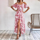 Vestido longo com alças finas e ombro de fora, estampa floral de verão, com cinto, roupa de praia