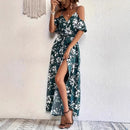 Vestido longo com alças finas e ombro de fora, estampa floral de verão, com cinto, roupa de praia