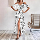 Vestido longo com alças finas e ombro de fora, estampa floral de verão, com cinto, roupa de praia