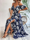 Vestido longo com alças finas e ombro de fora, estampa floral de verão, com cinto, roupa de praia